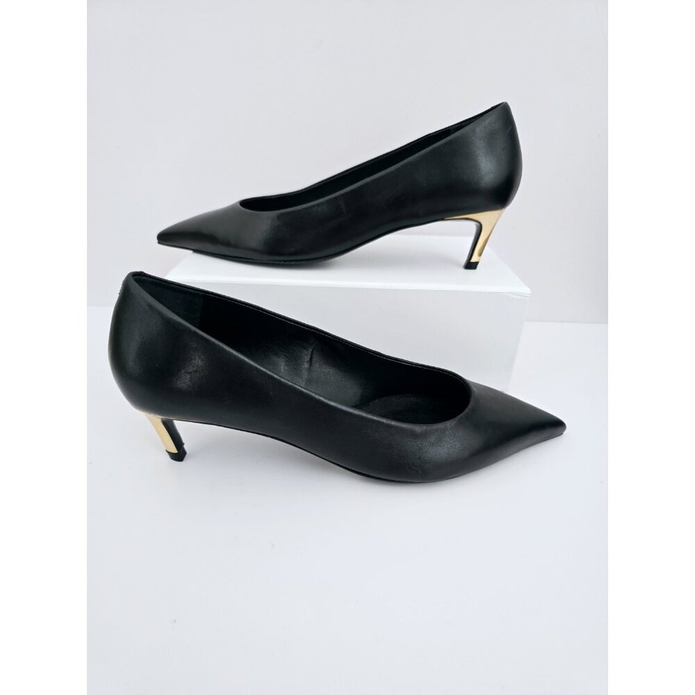 Schutz Lou Mid Curve Black Gold Kitten Heel Pointed Toe Leather Pump Shoes 7.5
